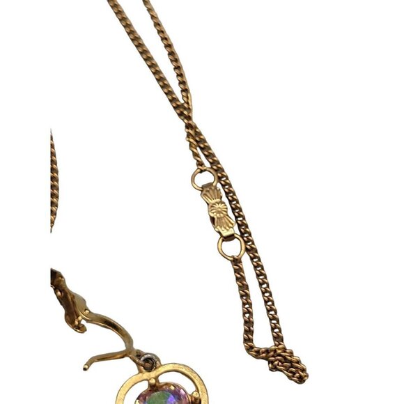 Aurora Borealis Heart Rhinestone 17" Necklace & Dangle Clip On Earrings GoldTone - Picture 10 of 16